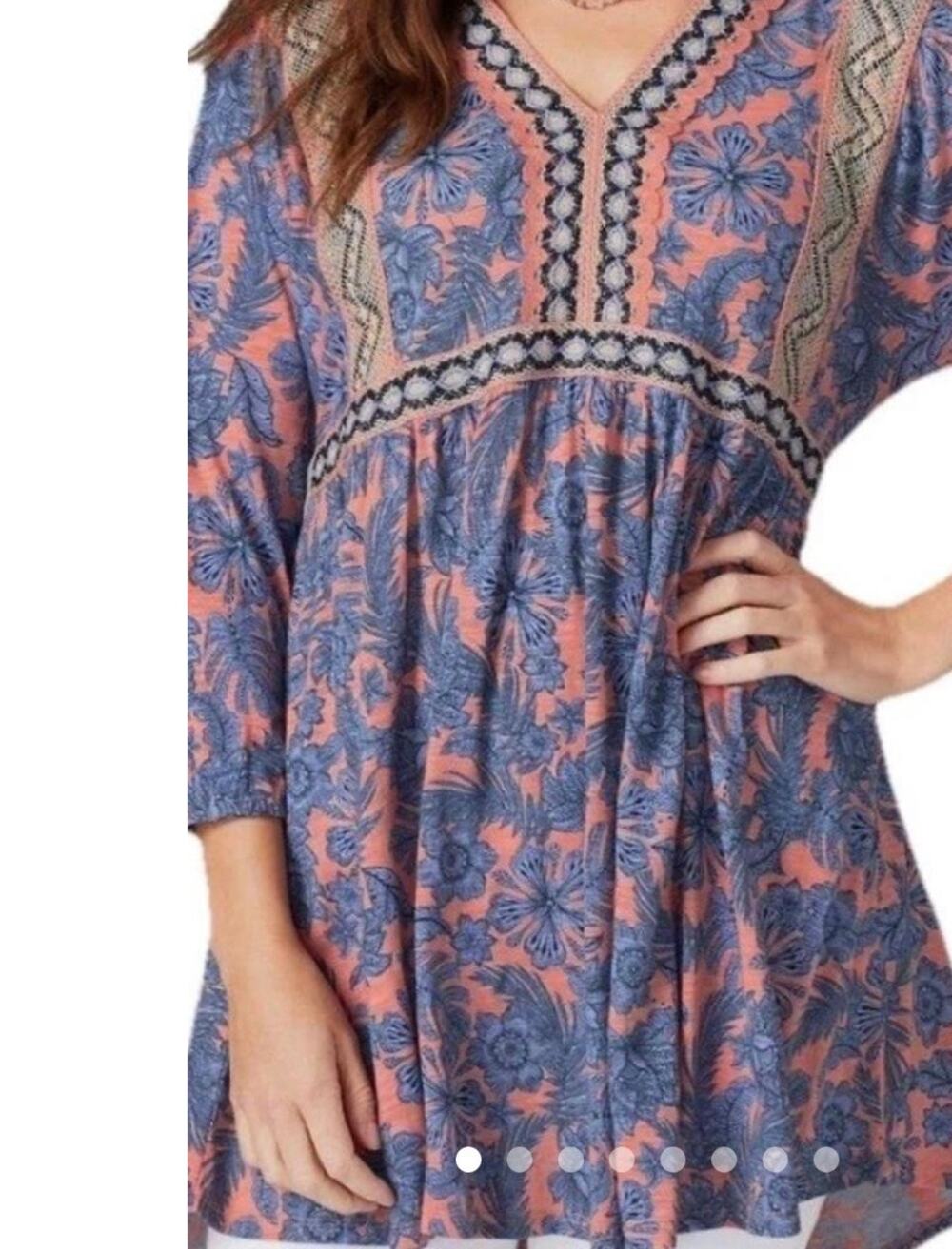 J Jill Knit Tunic Top Size SP Blue Peach Floral Crochet Boho Blouse 3/4 Sleeve